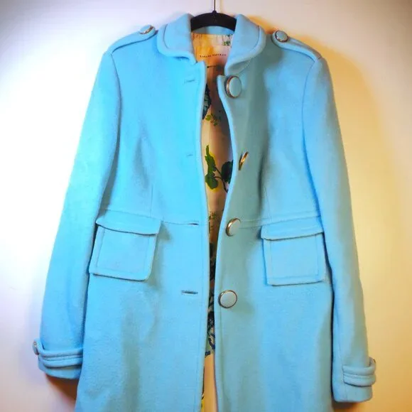 Vintage Banana Republic Full Length Wool Coat Lt Blue w/Floral Lining Epaulets - Picture 1 of 11